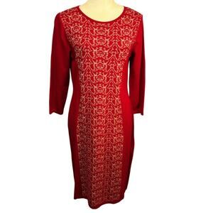 Nine West Womens Red Geometric 3/4 Sleeve Sweater Dress Fitted Large